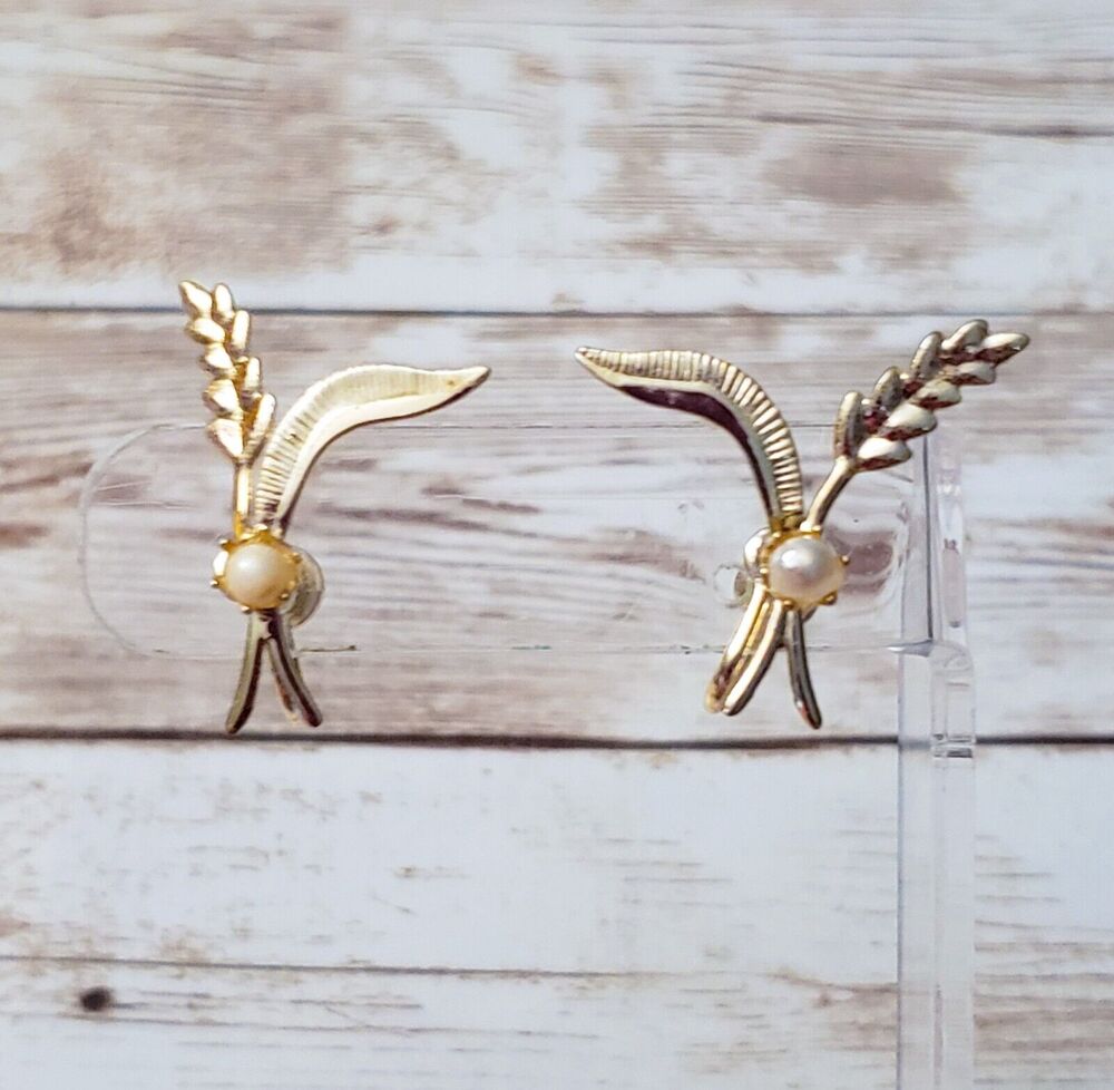 Vintage Screw On Earrings Faux Pearls with Wheat? - Some Damage